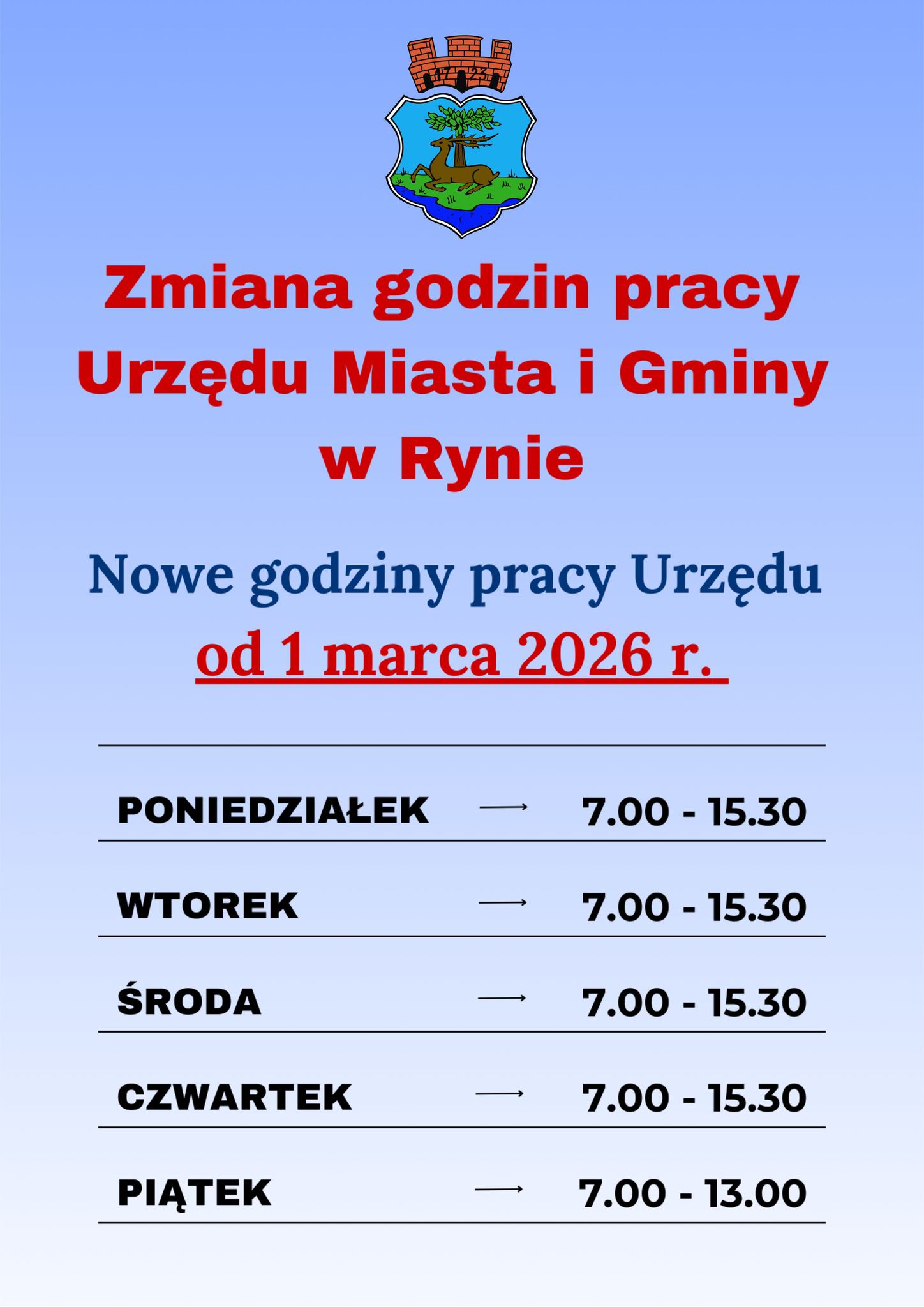 Zmiana godzin pracy Urzędu Miasta i Gminy w Rynie od 1 marca