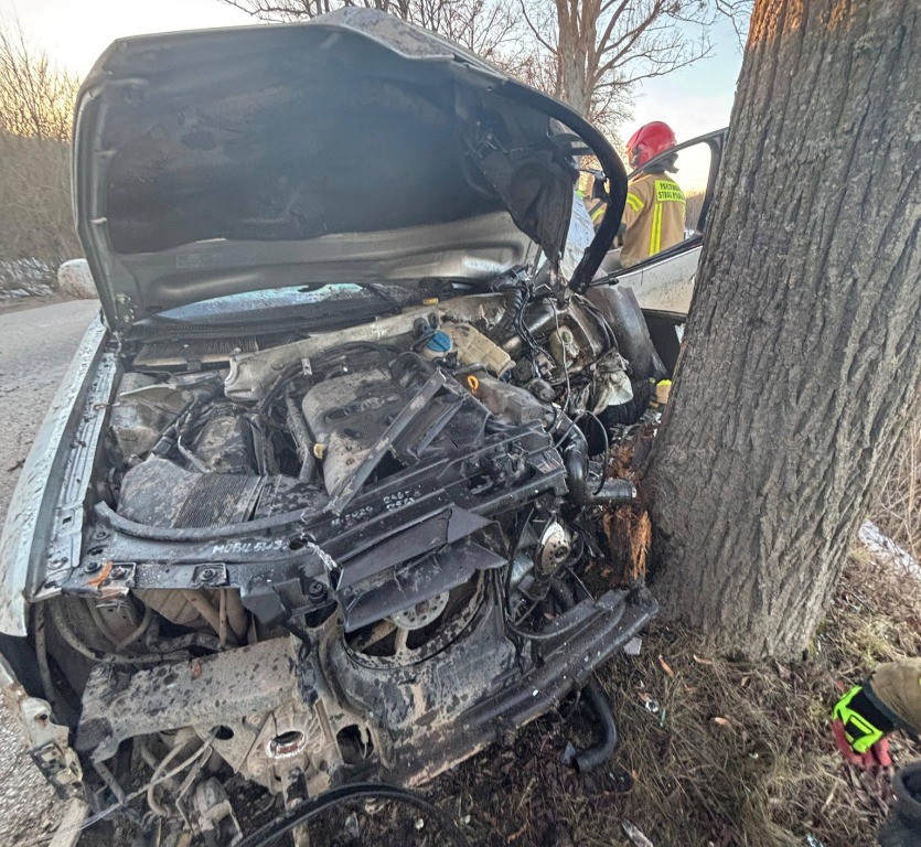 Niebezpieczny wypadek w Sołdanach. Kierująca Audi uderzyła w drzewo