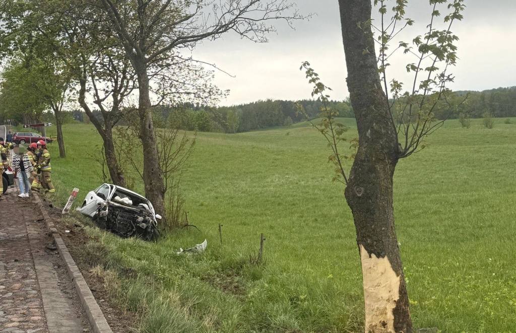 Groźne zdarzenie drogowe przed Wilkaskami. Samochód uderzył w drzewo