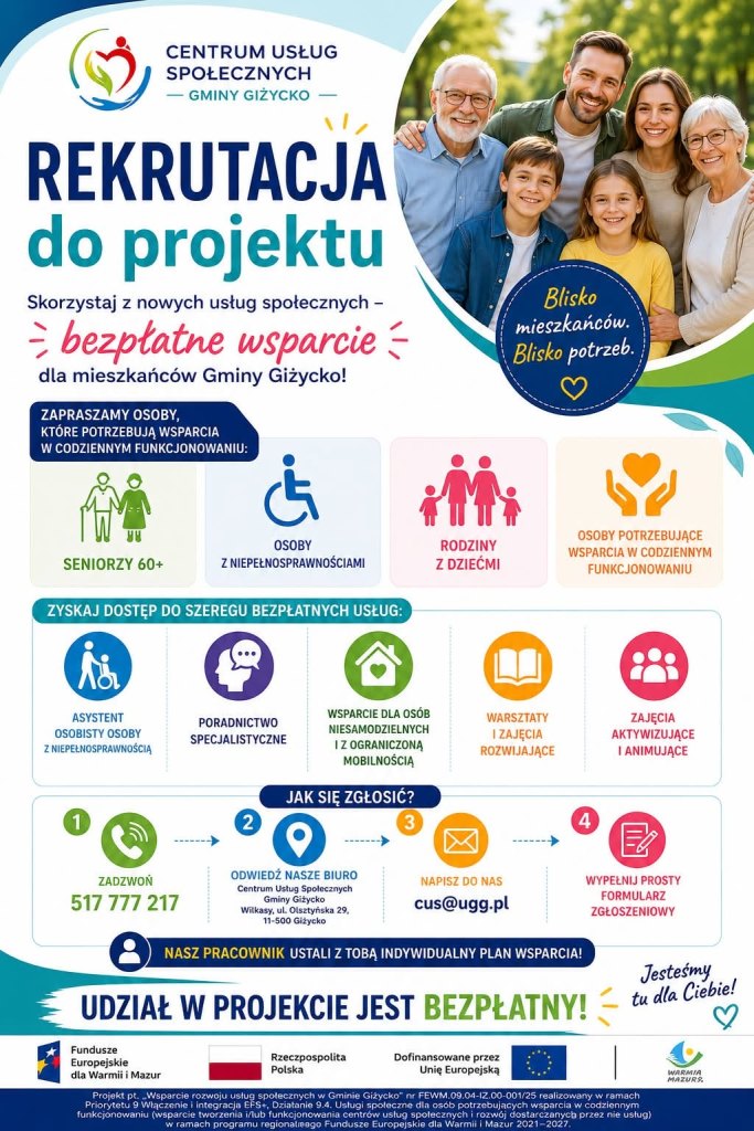 Bezpłatne wsparcie dla mieszkańców Gminy Giżycko. CUS prowadzi rekrutację do projektu