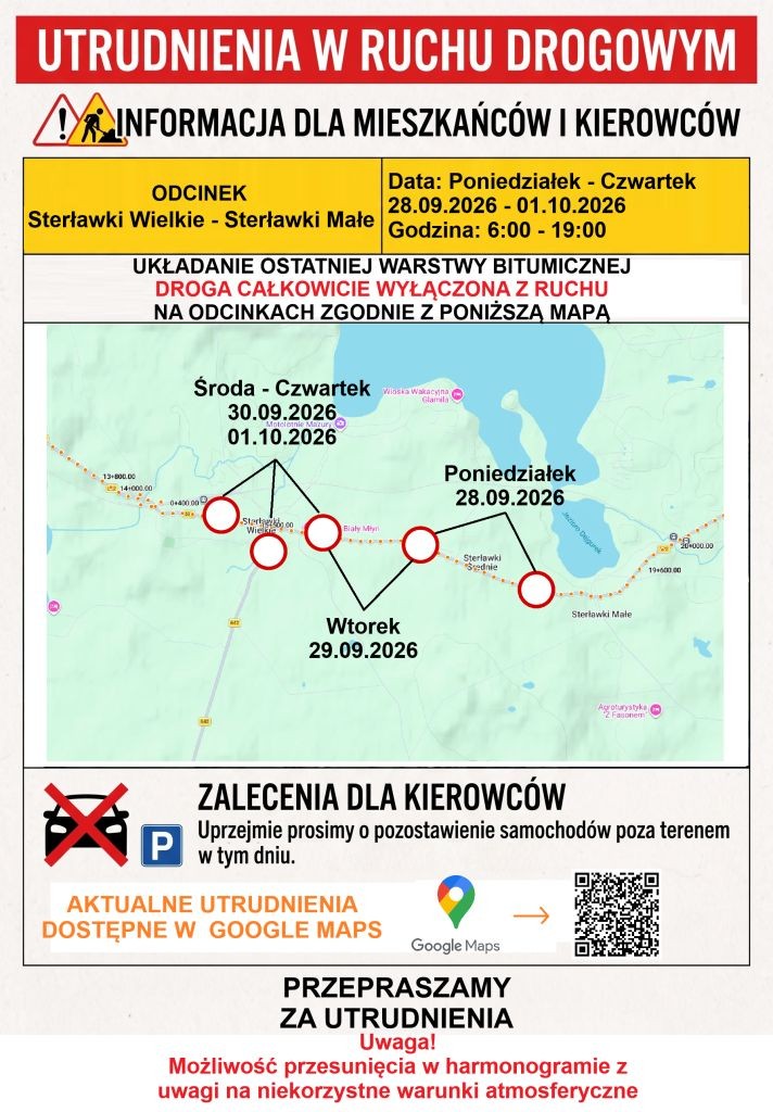 Droga Giżycko-Kętrzyn: odcinek Sterławki Wielkie-Sterławki Małe będzie czasowo zamykany