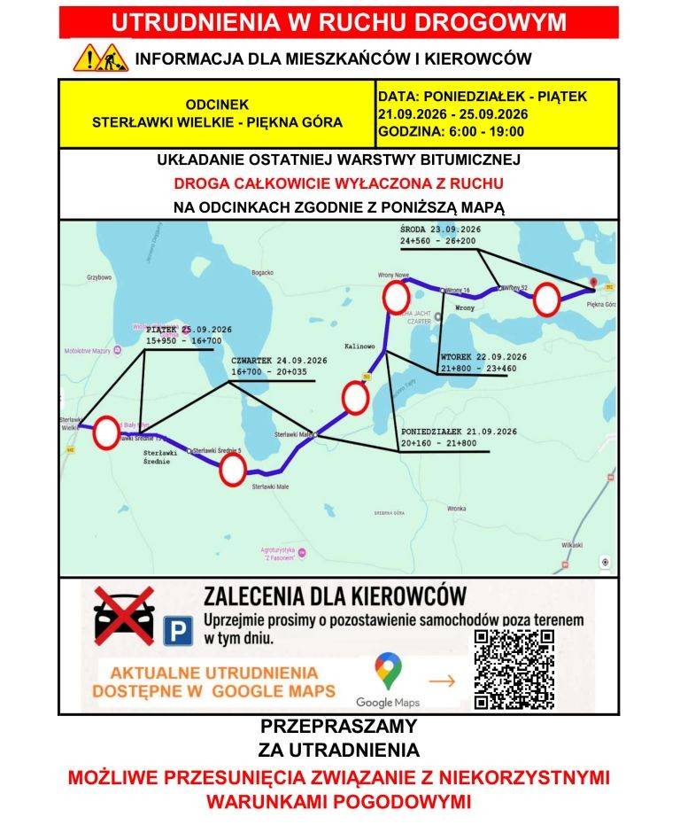 Kolejne odcinki drogi Giżycko-Kętrzyn będą całkowicie zamykane. Ważne utrudnienia od 21 września