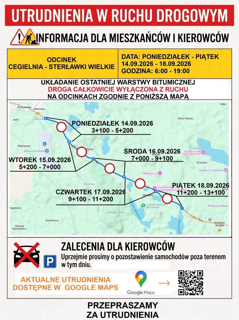 Kolejne utrudnienia na DW 592. Będą czasowe zamknięcia odcinków między Kętrzynem a Giżyckiem