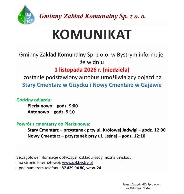 Dodatkowe autobusy na cmentarze w Giżycku i Gajewie